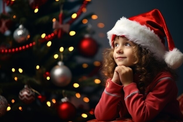 Foto een meisje in een kerstmanhoed tegen de achtergrond van een kerstboom en kerstverlichting