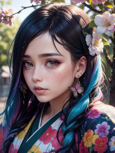 Een meisje in een kimono met blauw en roze haar kijkt naar de camera.