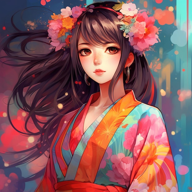 Een meisje in een kimono met bloemen op haar haar