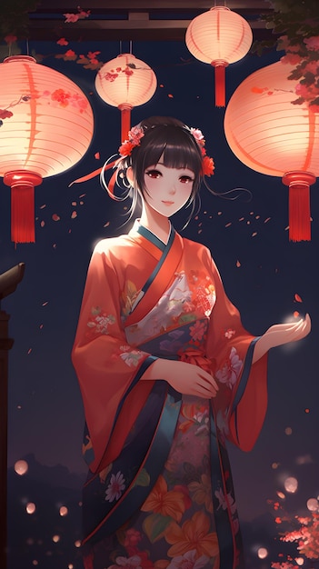 Een meisje in een kimono met bloemen op haar hoofd