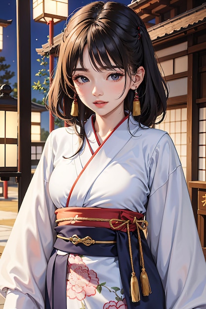 Een meisje in een kimono met een blauw shirt