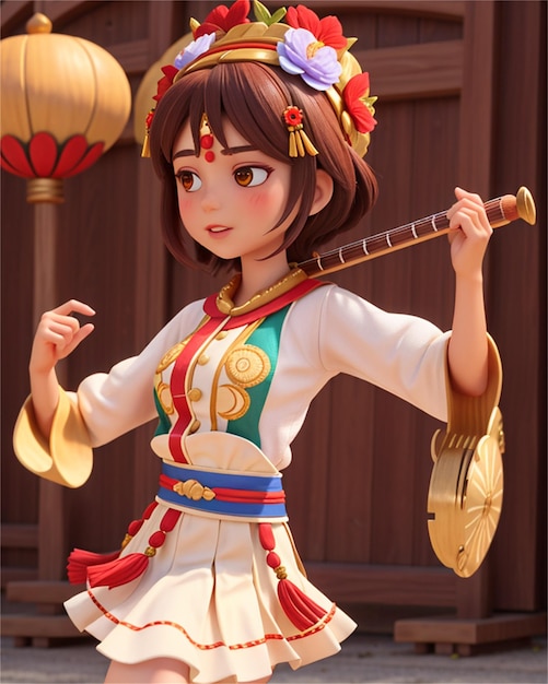 een meisje in een kimono met een lantaarn op de achtergrond.