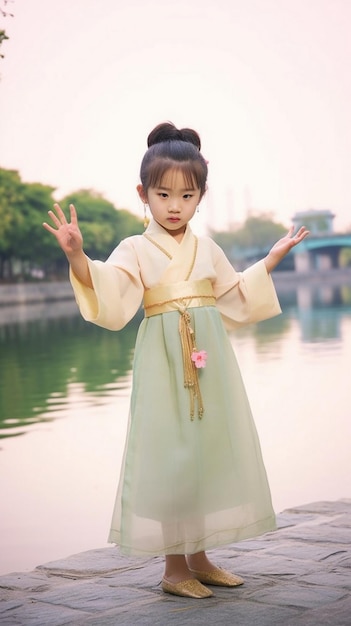 Een meisje in een kimono met haar hand omhoog.