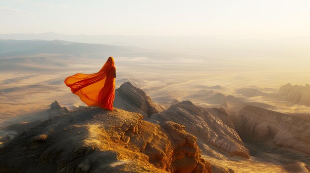 Een meisje in een lange oranje jurk die in de wind waait en van een berg naar de woestijn kijkt.