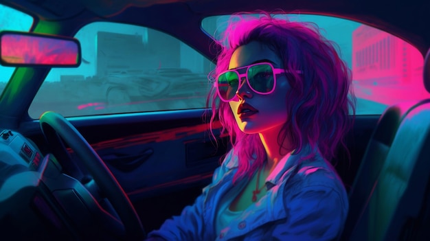 Een meisje in een neonlicht zit in een auto.