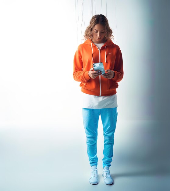een meisje in een oranje hoodie kijkt naar een mobiele telefoon
