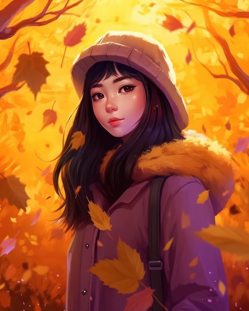 Een meisje in een paarse jas en hoed staat in een bos met herfstbladeren op de grond.