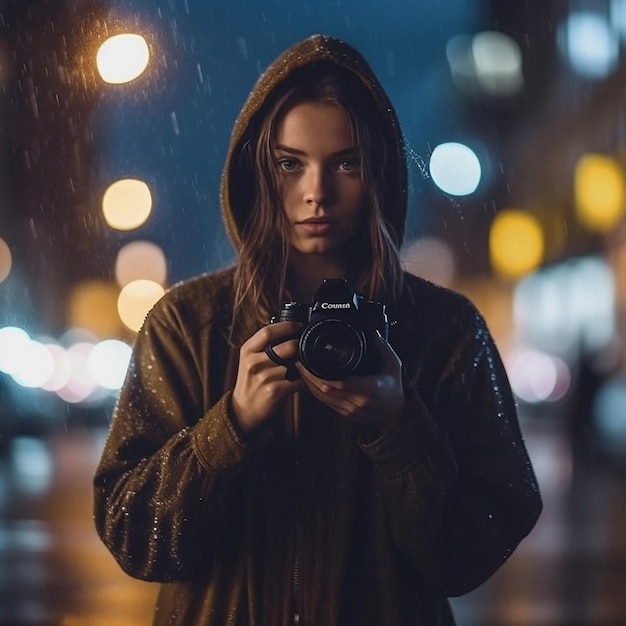 Een meisje in een regenjas houdt een camera vast voor een straatlantaarn.