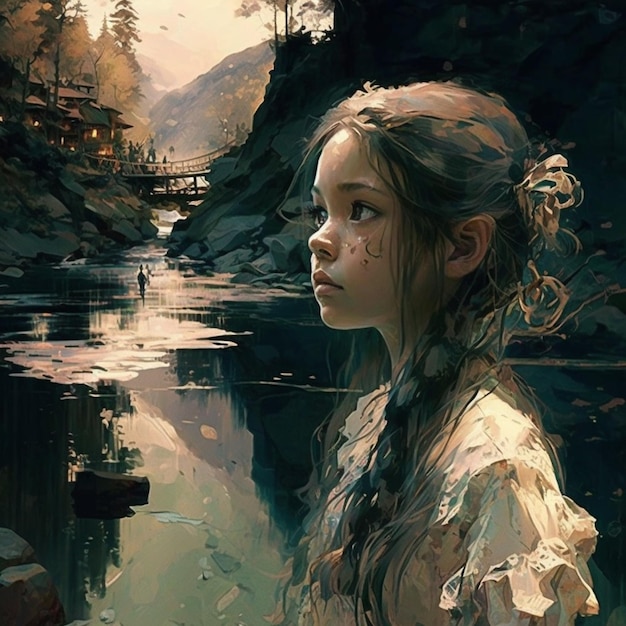 Een meisje in een rivier met een brug op de achtergrond