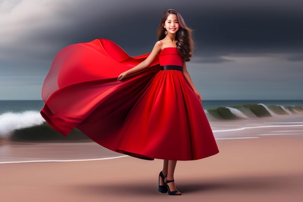 Een meisje in een rode jurk danst op het strand.