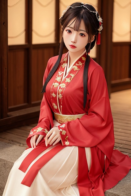 Een meisje in een rode kimono met het woord hanfu op de voorkant.