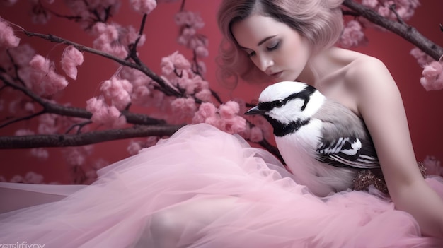 Een meisje in een roze jurk houdt een vogel in haar armen.