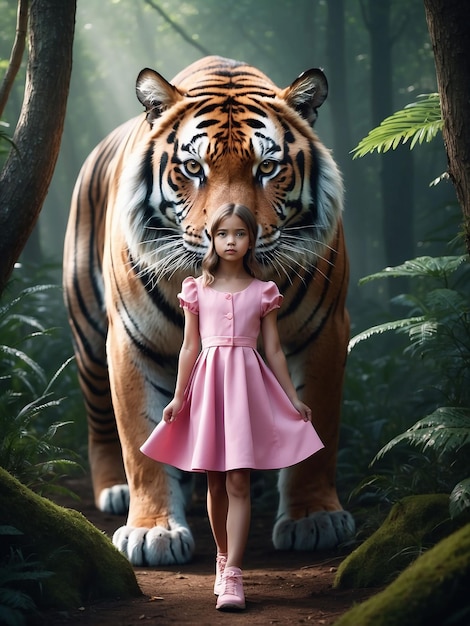 Een meisje in een roze jurk staat met een tijger in het bos.