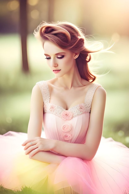 Een meisje in een roze jurk zit in een veld