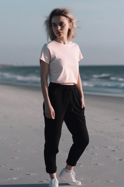 Een meisje in een roze shirt staat op het strand