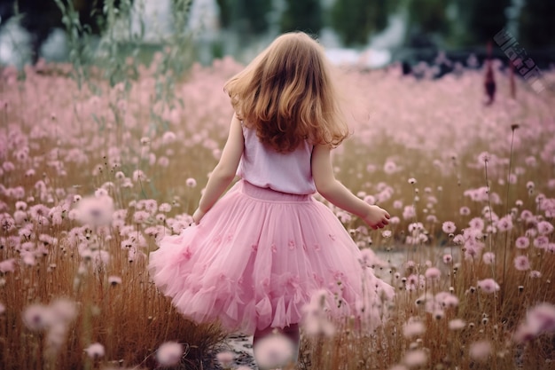 Een meisje in een roze tutu loopt door een bloemenveld.