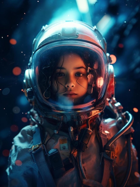 een meisje in een ruimtepak met een blauw licht op haar gezicht.