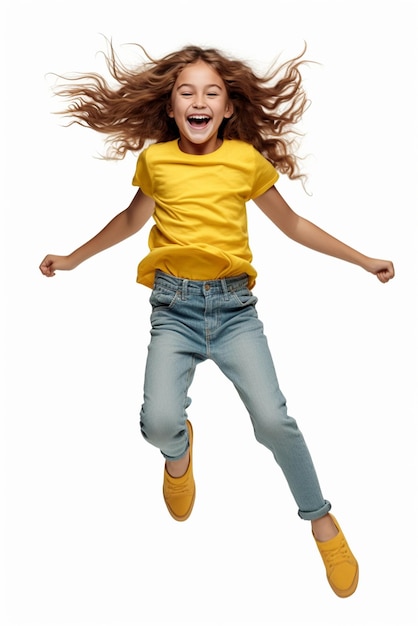 Een meisje in een schattige gele kleding springt geïsoleerd op een witte achtergrond.