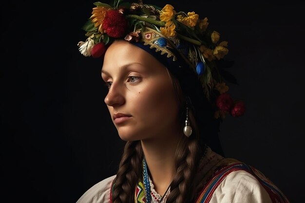 Een meisje in een traditionele jurk met bloemen op haar hoofd