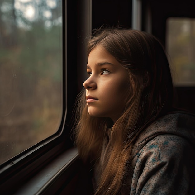 Een meisje in een trein die uit het raam kijkt.