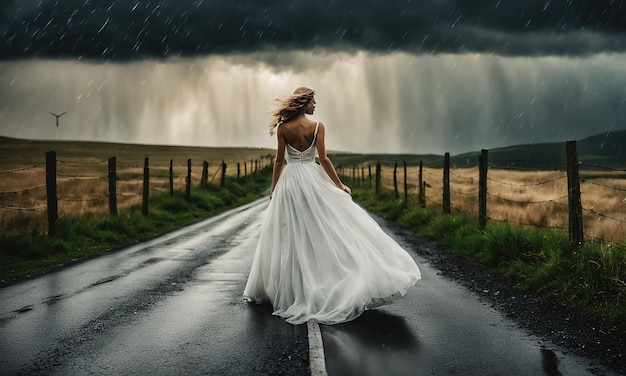 Een meisje in een trouwjurk op een zeer mooie achtergrond