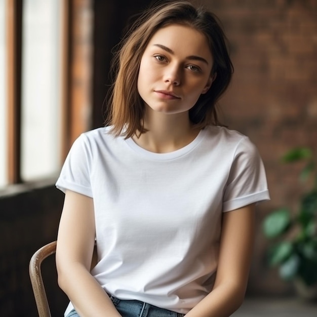 Een meisje in een wit t-shirt zit op een stoel in een bakstenen muur.