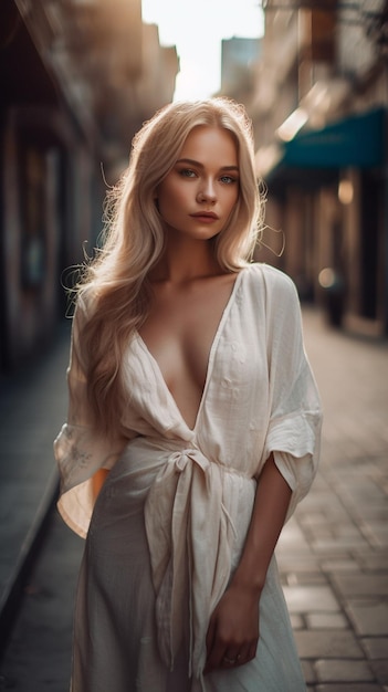 Een meisje in een witte jurk staat op straat.