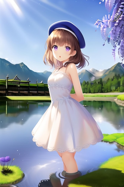 Een meisje in een witte jurk staat voor een meer en de bergen zijn paars.