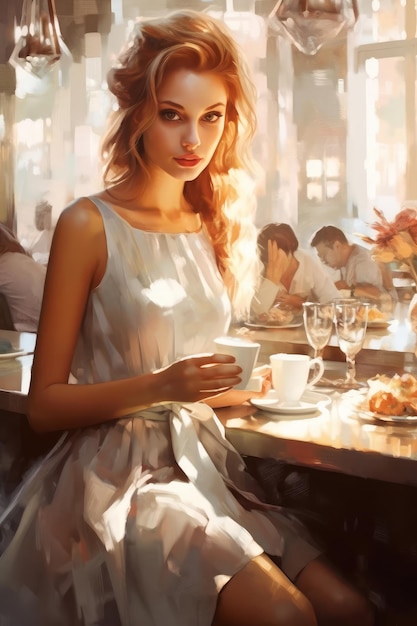 Een meisje in een witte jurk zit aan een tafel met een kopje koffie.
