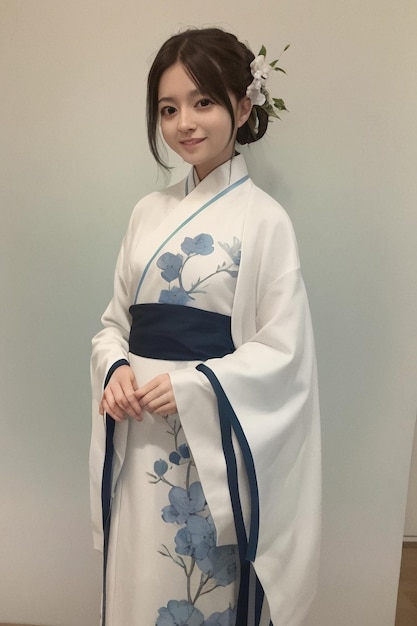 Foto een meisje in een witte kimono met blauwe bloemen op de voorkant.