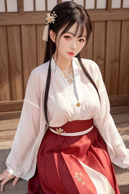 Een meisje in een witte kimono met een gouden ketting om haar nek zit op een houten bank.