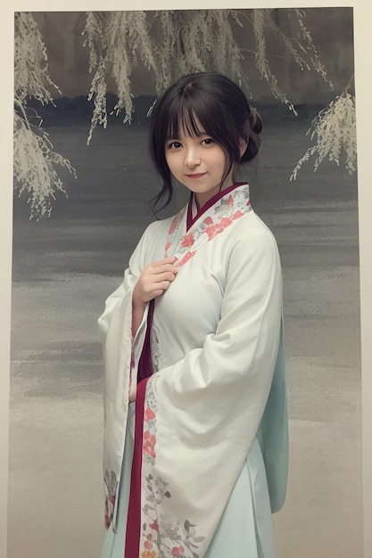Een meisje in een witte kimono met het woord hanfu erop