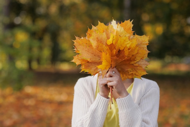 een meisje in gele kleren in een herfstpark verheugt zich in de herfst met gele bladeren in haar handen