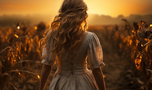 Een meisje in jurk loopt door een maïsveld