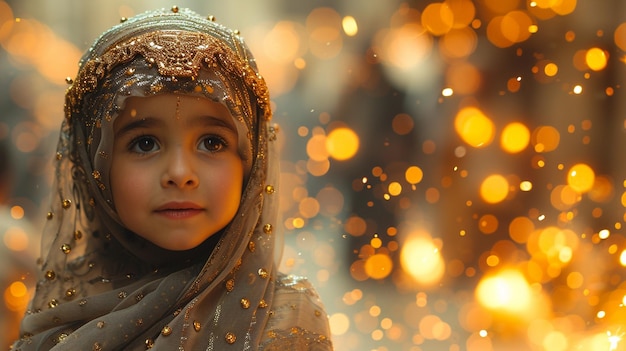Een meisje in traditionele kleding kijkt naar de zijkant haar ogen weerspiegelen de warme gloed van de omgeving