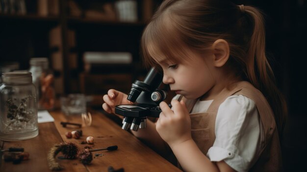 Een meisje kijkt door een microscoop naar een wetenschappelijk laboratorium.