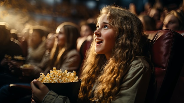 Foto een meisje kijkt enthousiast naar een film in een bioscoop terwijl ze popcorn eet