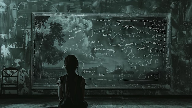 Een meisje kijkt naar complexe wiskundige en wetenschappelijke concepten geschreven op een bord