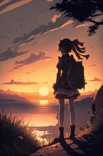Een meisje kijkt naar de zonsondergang en de zon kijkt naar de horizon