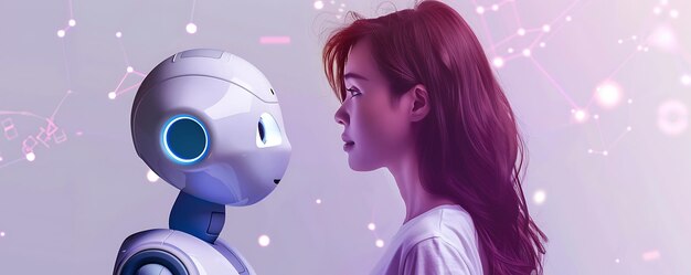 Een meisje kijkt naar een robot met gesloten ogen.