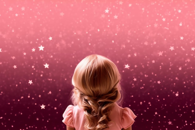 Een meisje kijkt naar sterren op een roze achtergrond