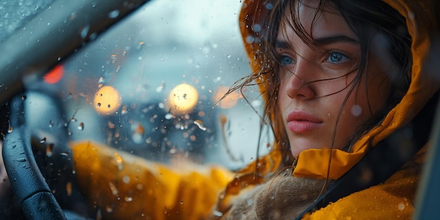 Een meisje kijkt uit het raam van een auto en de regen valt op haar gezicht.