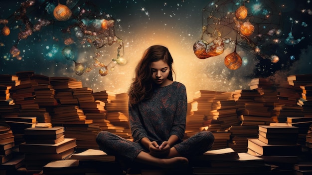 een meisje leest boek boek dag concept achtergrond