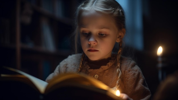 Een meisje leest een boek in een donkere kamer.