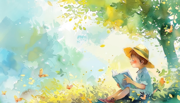 Een meisje leest een boek in een veld van bloemen.