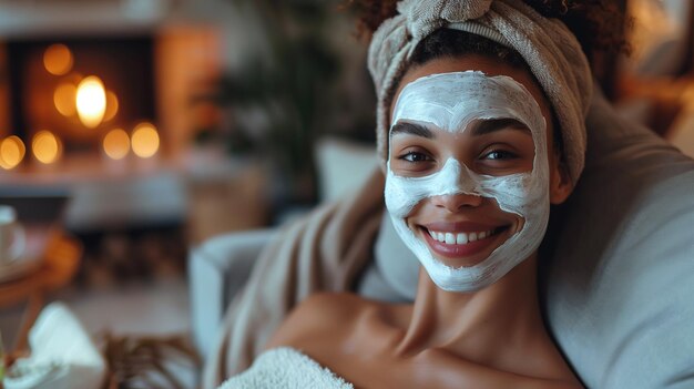 Foto een meisje legt een borstel met een cosmetisch masker op haar gezicht bij een tafel met een spiegel