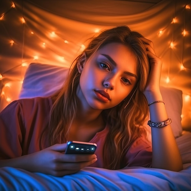 een meisje ligt op bed met een telefoon in haar hand