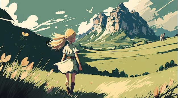 Een meisje loopt in een veld met een berg op de achtergrond.