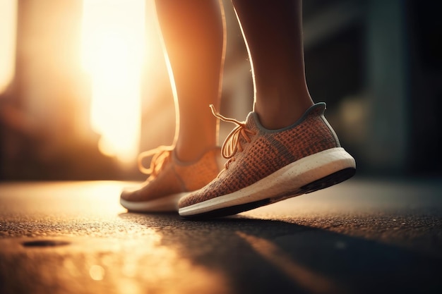 Een meisje loper maakt een ochtend lopen in een stad straat Sneaker schoenen close-up Jogging running fitness