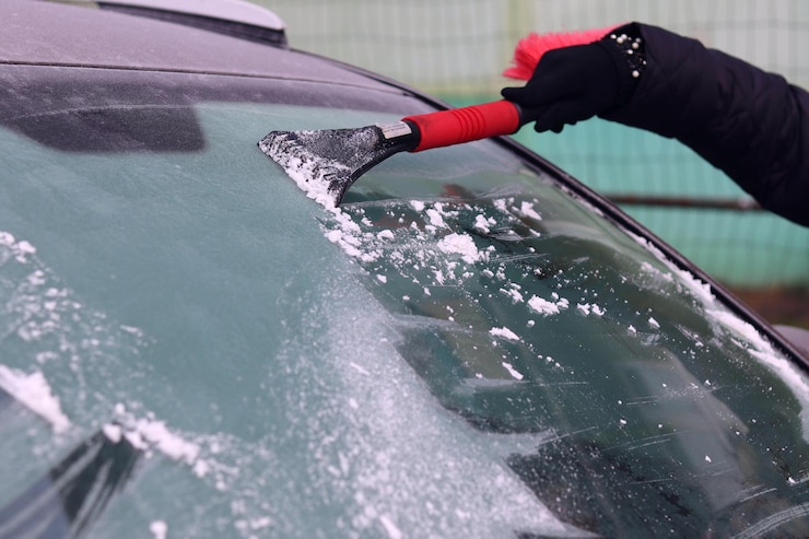 Een meisje maakt een ijzige voorruit schoon in een auto met een schraper